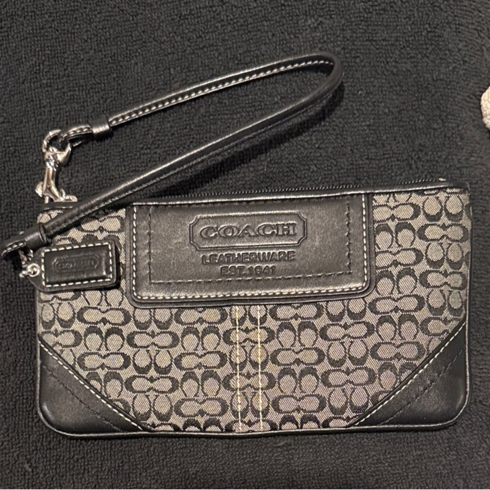 Coach Gray Signature Canvas and Black Leather Wristlet